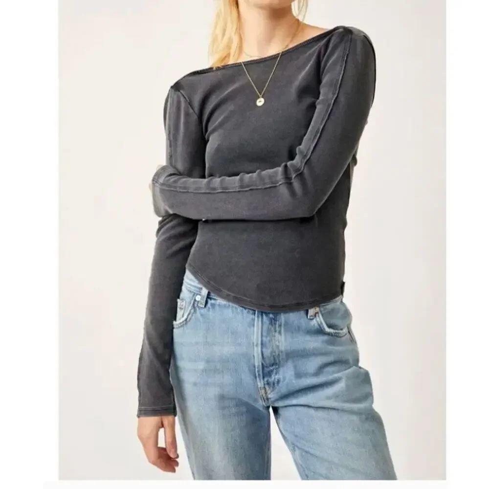 NEW Free People Unapologetic Long Sleeve Ribbed Tee Black Scoop Back S top